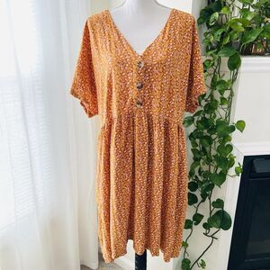 Terra & Sky Orange Floral 70s Retro Vibes Lightweight Flowy Sun Dress - Plus 1X
